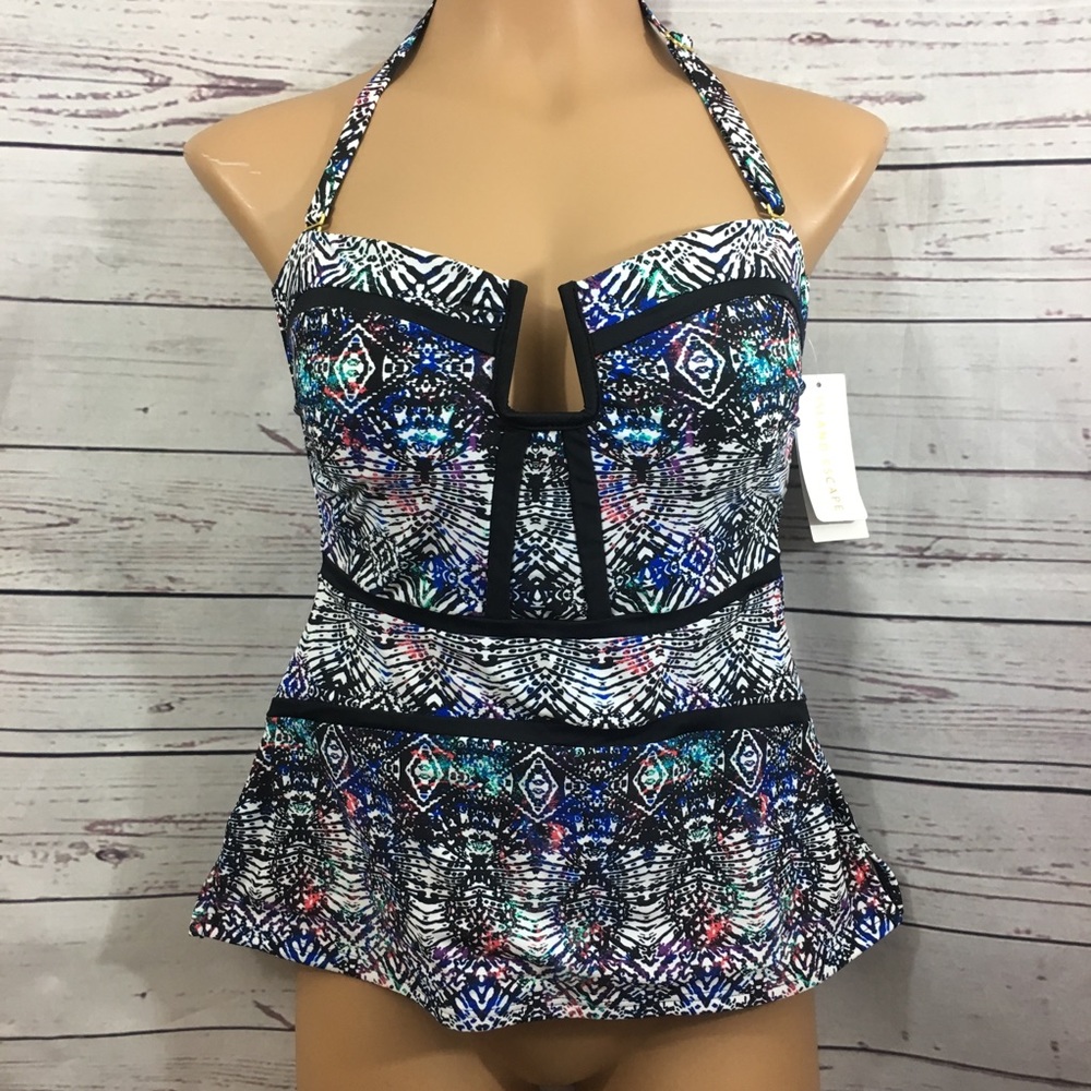 Island Escape Black & White Tankini Swim Top NWT